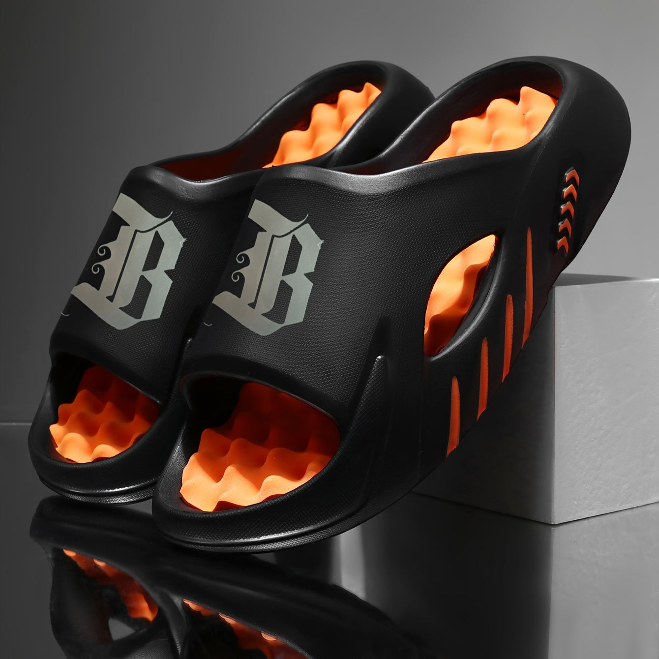 Men's Stree Style Letter Print Open Toe Breathable Acupressure Foot Massage Slippers, Comfy Non Slip Casual Soft Sole Slides, Men's Footwear